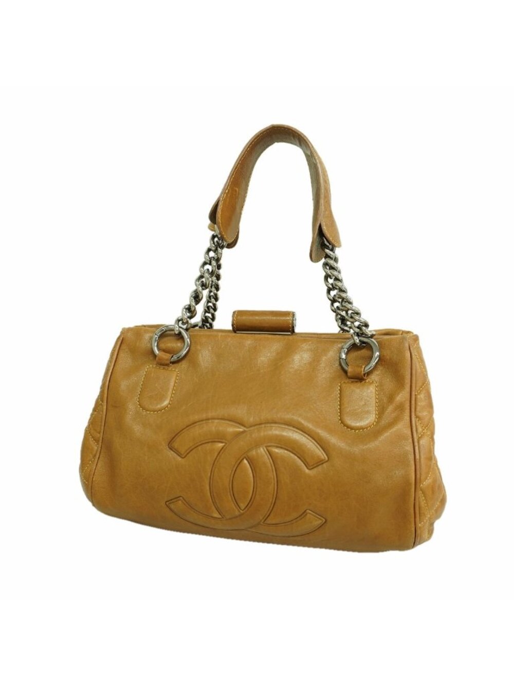 Chanel Chain Tote Bag Leather Brown Silver